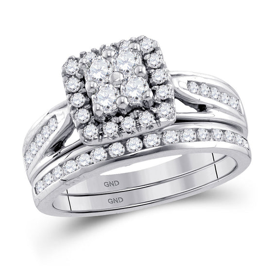 10k White Gold Round Diamond Cluster Bridal Wedding Ring Band Set 1 Cttw