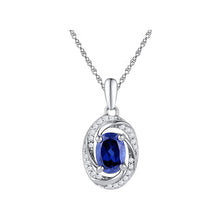  10k White Gold Womens Oval Synthetic Blue Sapphire Solitaire Diamond Pendant 1-1/3 Cttw