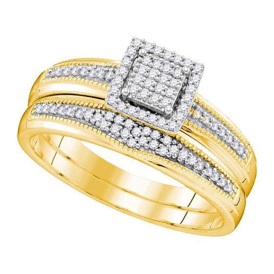 10k Yellow Gold His Hers Round Diamond Cluster Matching Wedding Set 1/3 Cttw
