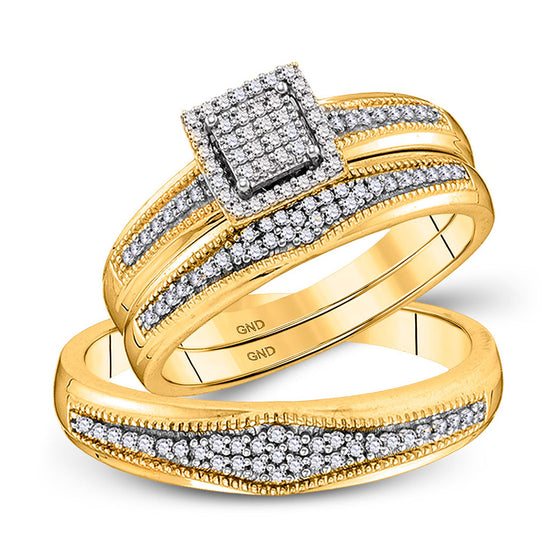 10k Yellow Gold His Hers Round Diamond Cluster Matching Wedding Set 1/3 Cttw