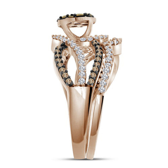 10k Rose Gold Womens Round Brown Diamond Cluster Bridal Wedding Ring Band Set 1 Cttw