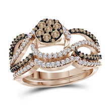  10k Rose Gold Womens Round Brown Diamond Cluster Bridal Wedding Ring Band Set 1 Cttw