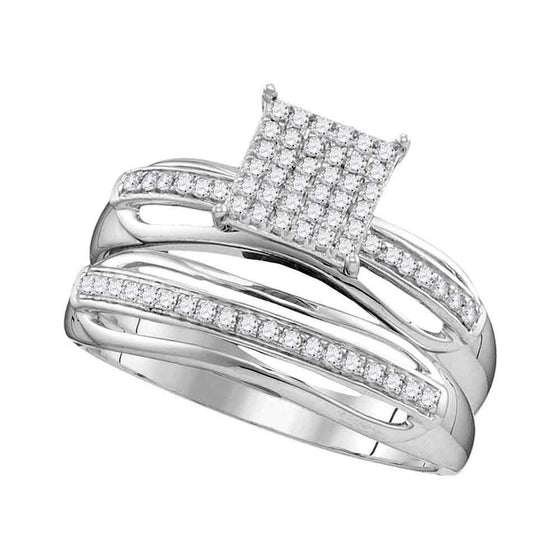 10k White Gold His Hers Round Diamond Cluster Matching Wedding Set 1/3 Cttw
