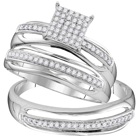 10k White Gold His Hers Round Diamond Cluster Matching Wedding Set 1/3 Cttw