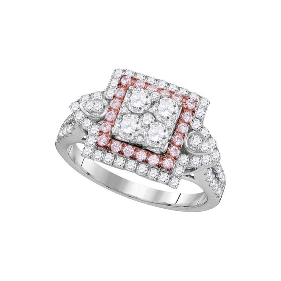 14k White Gold Womens Round Pink Diamond Square Cluster Ring 1 Cttw