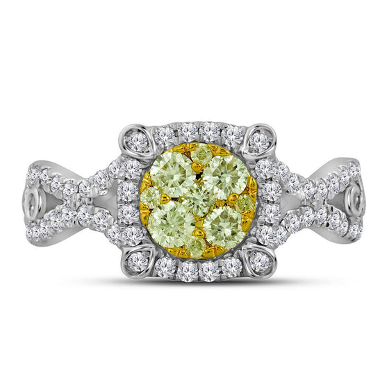 14k White Gold Womens Round Yellow Diamond Cluster Ring 7/8 Cttw