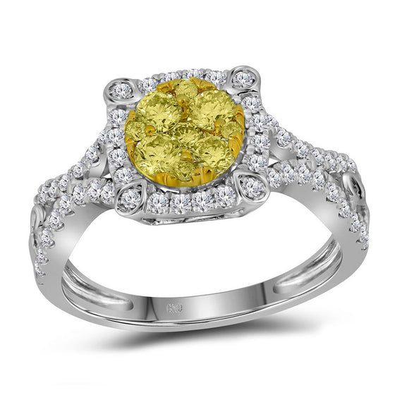 14k White Gold Womens Round Yellow Diamond Cluster Ring 7/8 Cttw