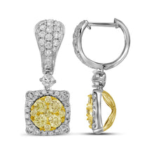  14k White Gold Womens Round Yellow Diamond Square Dangle Earrings 1-5/8 Cttw