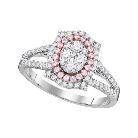 14k White Gold Womens Round Pink Diamond Oval Cluster Ring 3/4 Cttw