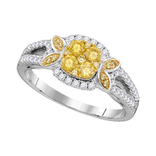  14k White Gold Womens Round Yellow Diamond Square Cluster Ring 3/4 Cttw