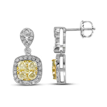  14k White Gold Womens Round Yellow Diamond Square Dangle Earrings 1-1/5 Cttw