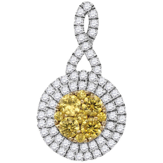 14k White Gold Womens Round Yellow Diamond Concentric Circle Frame Cluster Pendant 1 Cttw