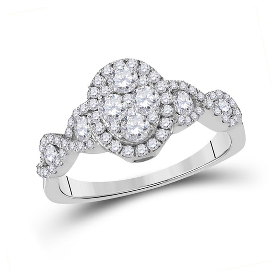 10k White Gold Round Diamond Oval Cluster Twist Ring 1 Cttw