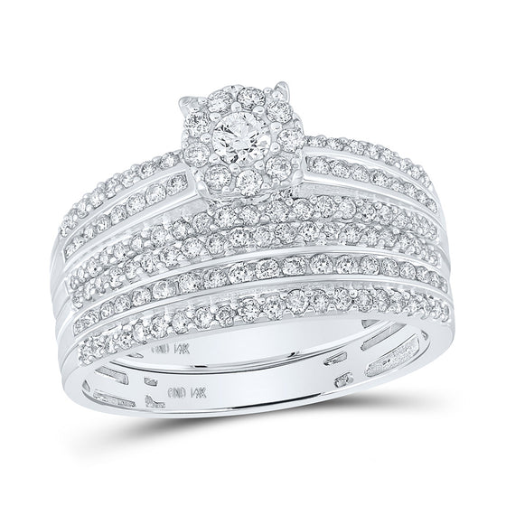 14k White Gold His Hers Round Diamond Cluster Matching Wedding Set 1-1/4 Cttw