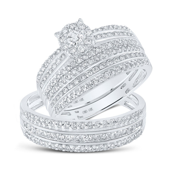 14k White Gold His Hers Round Diamond Cluster Matching Wedding Set 1-1/4 Cttw