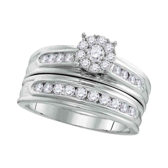14k White Gold His Hers Round Diamond Cluster Matching Wedding Set 1 Cttw