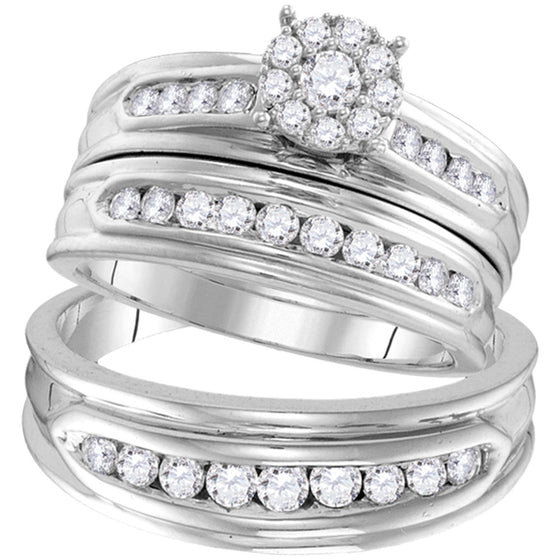 14k White Gold His Hers Round Diamond Cluster Matching Wedding Set 1 Cttw