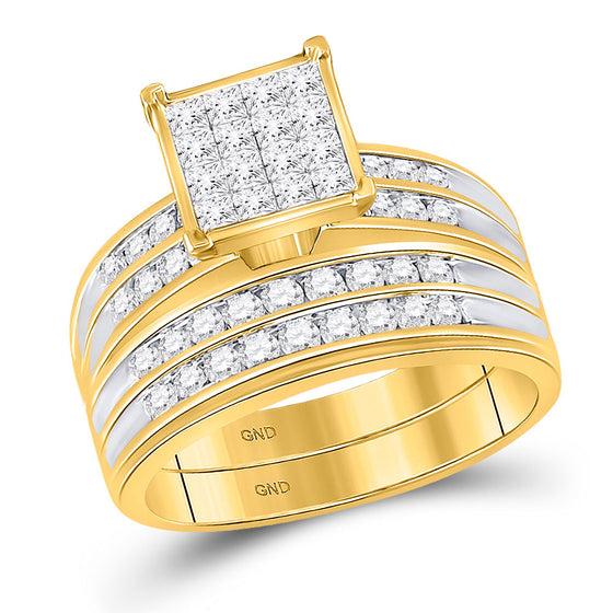 14k Yellow Gold His Hers Princess Diamond Square Matching Wedding Set 1-1/2 Cttw