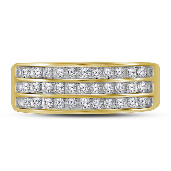 10k Yellow Gold Mens Round Diamond 3-Row Band Ring 1/2 Cttw