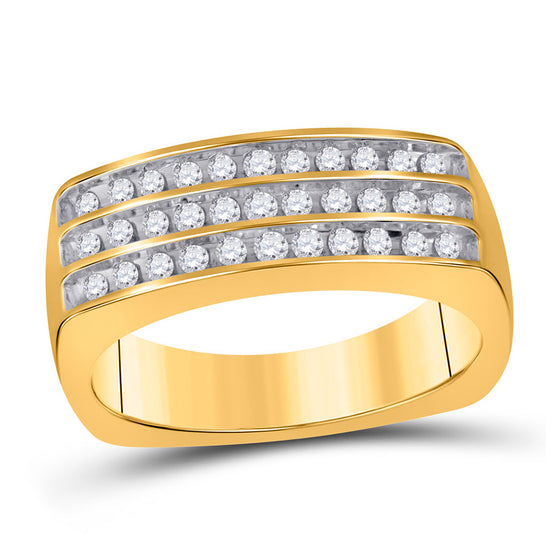 10k Yellow Gold Mens Round Diamond 3-Row Band Ring 1/2 Cttw