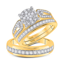  10k Yellow Gold His Hers Round Diamond Cluster Matching Wedding Set 1 Cttw