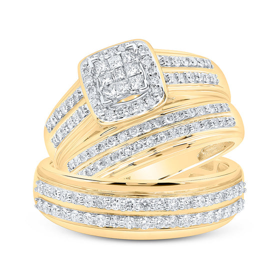 10k Yellow Gold His Hers Princess Diamond Cluster Matching Wedding Set 1 Cttw