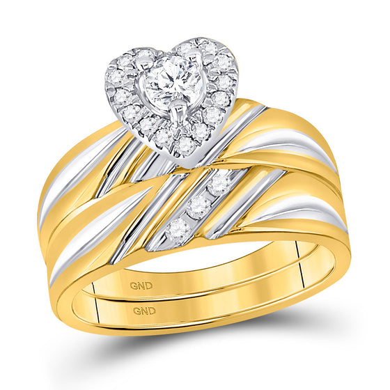 10k Yellow Gold His Hers Round Diamond Heart Matching Wedding Set 3/8 Cttw