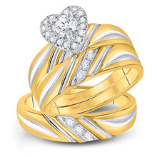  10k Yellow Gold His Hers Round Diamond Heart Matching Wedding Set 3/8 Cttw