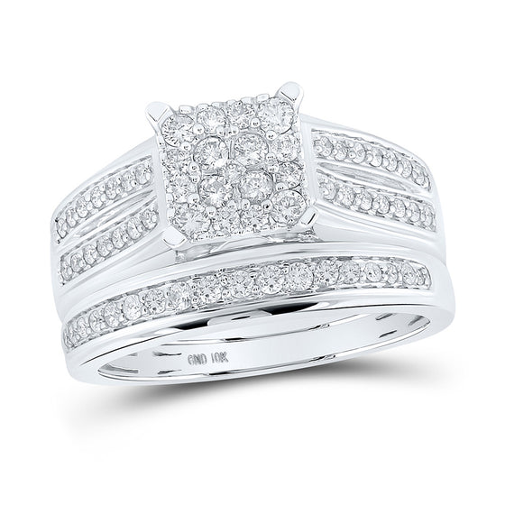 10k White Gold His Hers Round Diamond Square Matching Wedding Set 1 Cttw