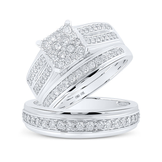 10k White Gold His Hers Round Diamond Square Matching Wedding Set 1 Cttw