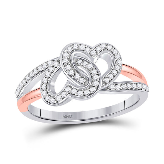 10k Two-tone Gold Womens Round Diamond Double Heart Ring 1/5 Cttw