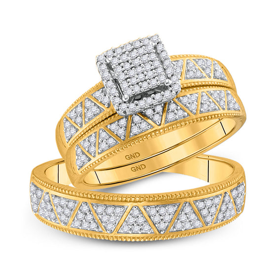 10k Yellow Gold His Hers Round Diamond Square Matching Wedding Set 1/2 Cttw