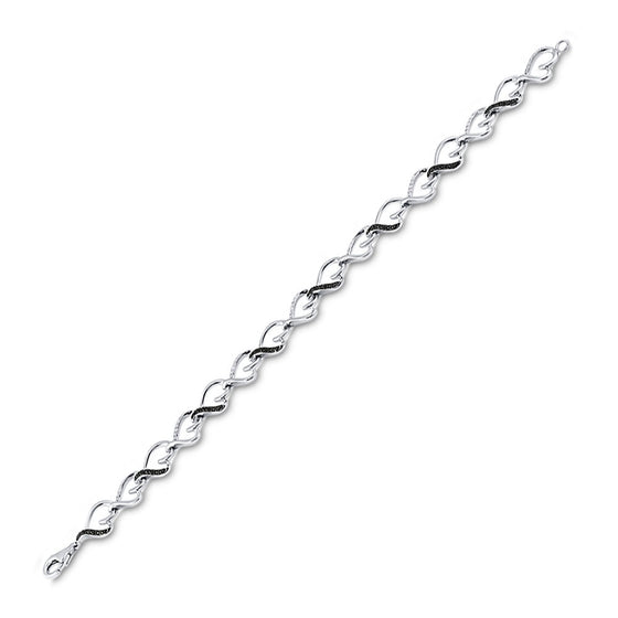 Sterling Silver Womens Round Black Color Enhanced Diamond Heart Bracelet 1/10 Cttw