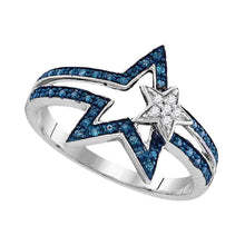  Sterling Silver Womens Round Blue Color Enhanced Diamond Double Star Ring 1/6 Cttw