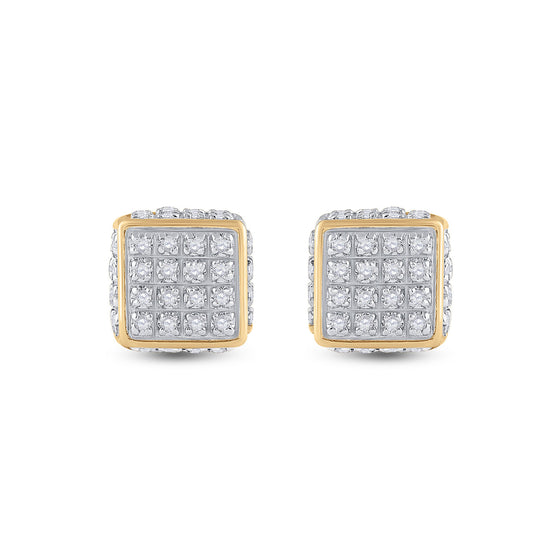 10k Yellow Gold Round Diamond 3D Square Stud Earrings 1/4 Cttw