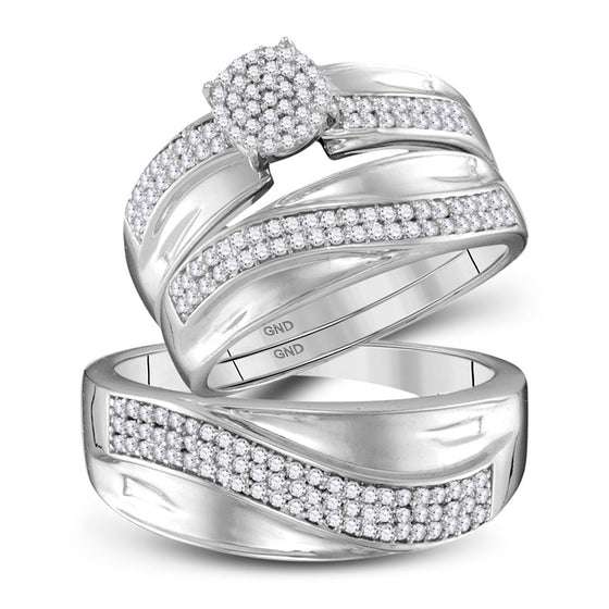 10k White Gold His Hers Round Diamond Cluster Matching Wedding Set 1/2 Cttw