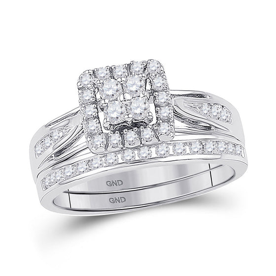 10k White Gold Round Diamond Halo Bridal Wedding Ring Band Set 1-1/2 Cttw
