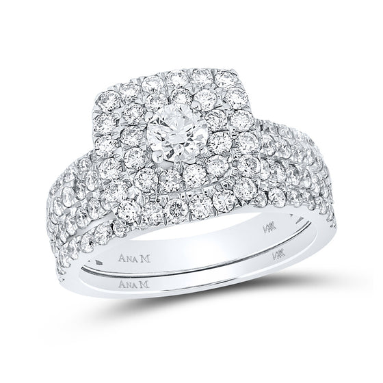 14k White Gold Round Diamond Halo Bridal Wedding Ring Band Set 1-3/4 Cttw