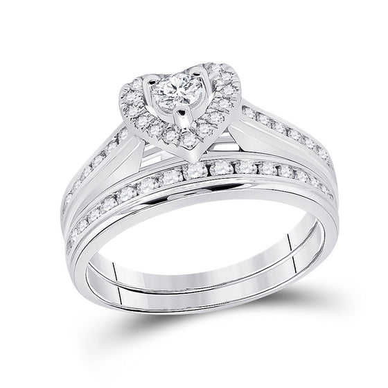 10k White Gold His Hers Round Diamond Heart Matching Wedding Set 1 Cttw