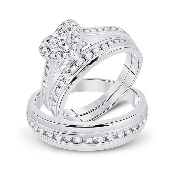 10k White Gold His Hers Round Diamond Heart Matching Wedding Set 1 Cttw