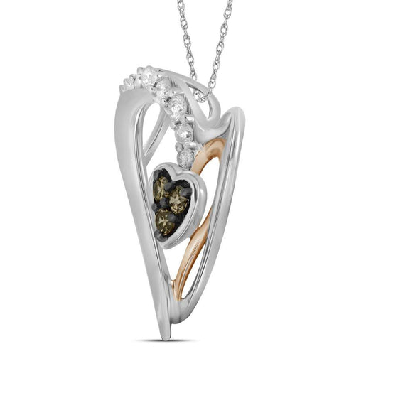 10k Two-tone Gold Womens Round Brown Diamond Heart Pendant 1/8 Cttw