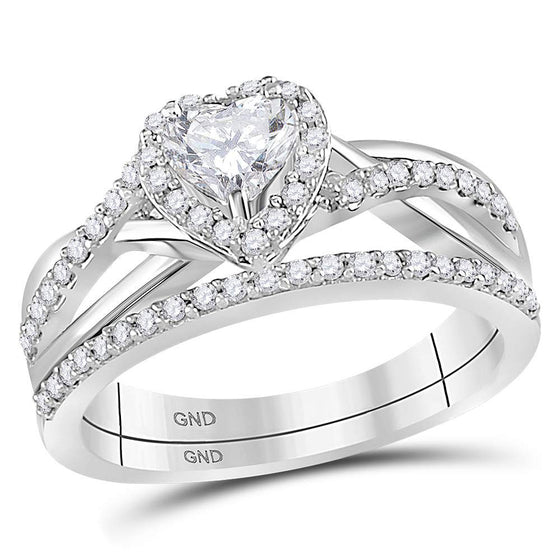 14k White Gold Heart Diamond Bridal Wedding Ring Band Set 7/8 Cttw