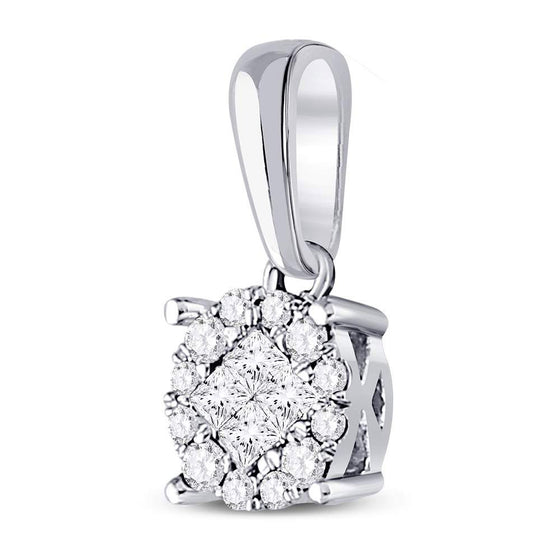 14k White Gold Womens Princess Diamond Cluster Pendant 1/6 Cttw