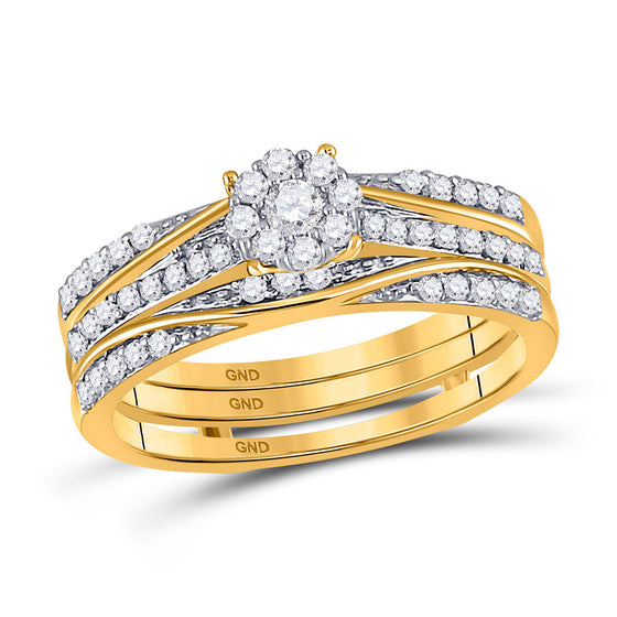 10k Yellow Gold Round Diamond 3-Piece Bridal Wedding Ring Band Set 1/2 Cttw