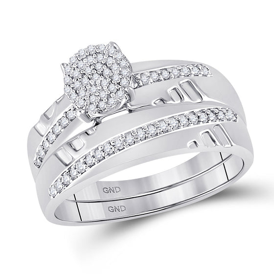10k White Gold His Hers Round Diamond Cluster Matching Wedding Set 1/3 Cttw