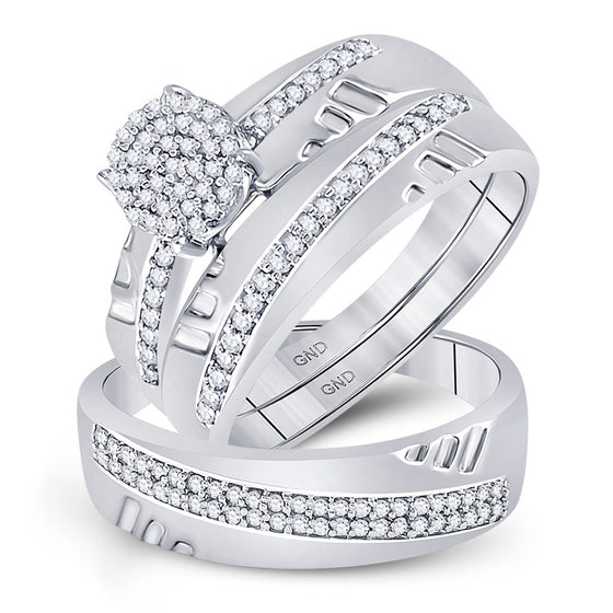 10k White Gold His Hers Round Diamond Cluster Matching Wedding Set 1/3 Cttw