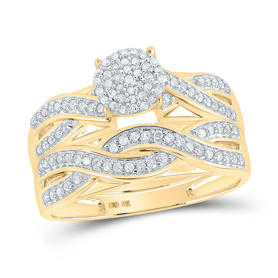 10k Yellow Gold His Hers Round Diamond Cluster Matching Wedding Set 3/8 Cttw