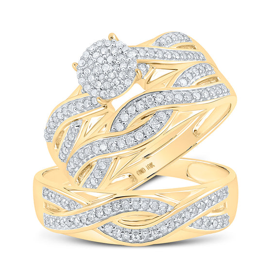 10k Yellow Gold His Hers Round Diamond Cluster Matching Wedding Set 3/8 Cttw