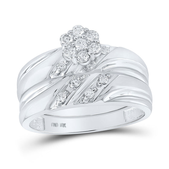 10k White Gold His Hers Round Diamond Cluster Matching Wedding Set 3/8 Cttw
