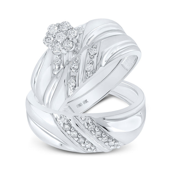 10k White Gold His Hers Round Diamond Cluster Matching Wedding Set 3/8 Cttw